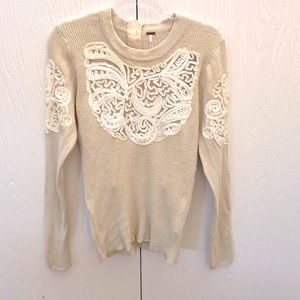 Free People - Long Sleeve Cream Sweater with Ivory Inlay